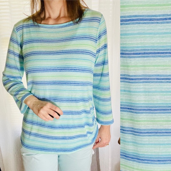 Talbots Tops - Talbots Striped Turquoise Blue Ruched 3/4 Sleeve